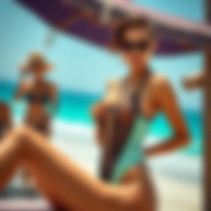 A fashionista accessorizing a mesh insert swimsuit at a beach setting.