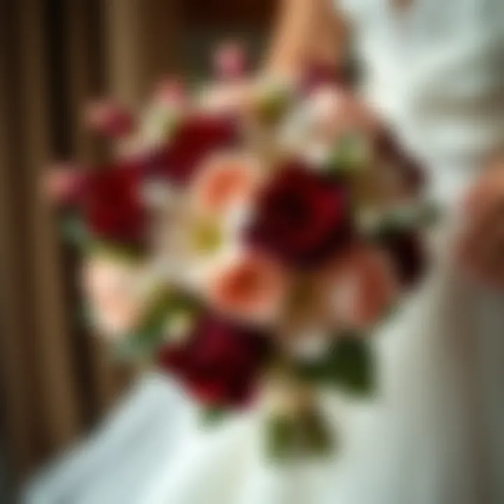 Sophisticated Bridal Bouquet with Burgundy Silk Flowers Elegant burgundy silk flowers arranged in a bridal bouquet