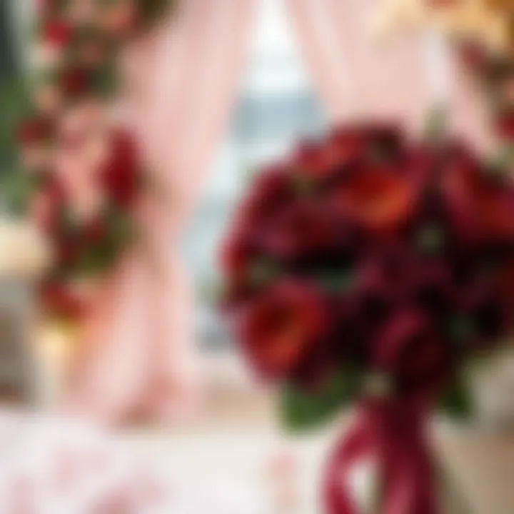 Burgundy Silk Flowers Amidst a Romantic Wedding Setting Bridal bouquet featuring burgundy silk flowers against a romantic wedding backdrop