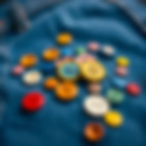 Artistic arrangement of colorful button pins on denim fabric
