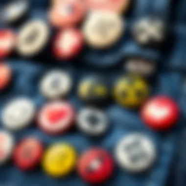 Collection of button pins showcasing cultural symbols and messages