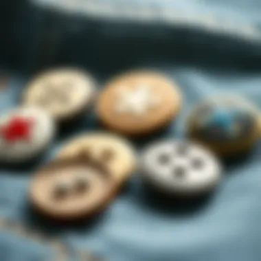 Close-up of vintage button pins showcasing various designs
