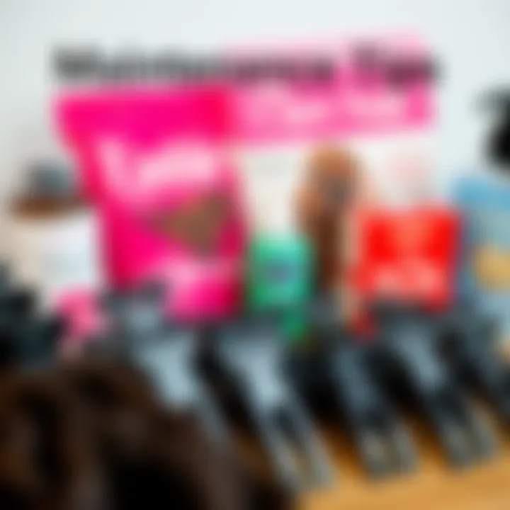 An organized display of big claw clips alongside hair care products, illustrating maintenance tips.