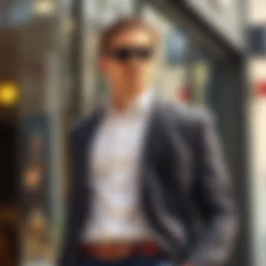 A fashionable individual confidently wearing a tucked shirt with a clip.