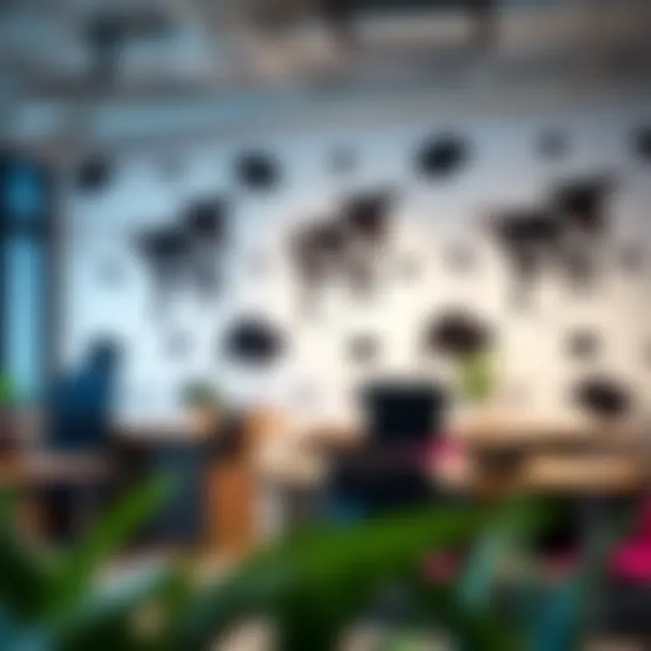 Stylish office space featuring cow print wall accents