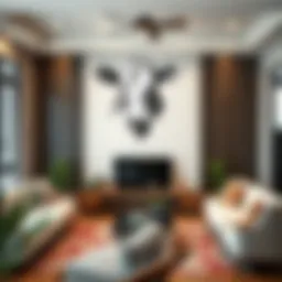 Elegant cow print wall decal enhancing a modern living room