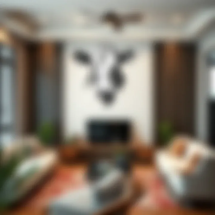 Elegant cow print wall decal enhancing a modern living room