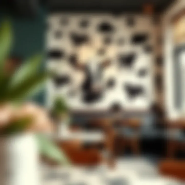 Chic cafe interior adorned with cow print wall decor