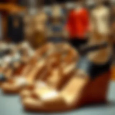 Different styles of cut out wedge sandals lined up for display