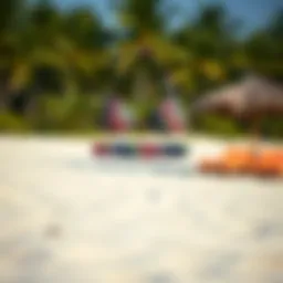 A vibrant paisley print bikini set displayed on a sandy beach.