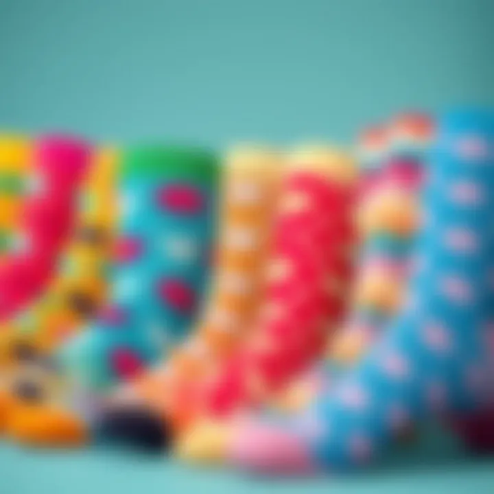 A vibrant display of colorful socks with cute patterns