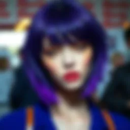 Vibrant purple wig styled with bangs against a fashionable backdrop