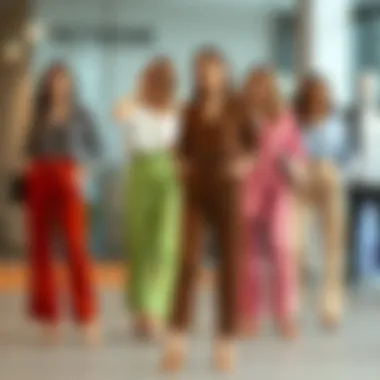 Various styling options for belted paperbag pants in different colors.