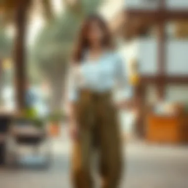 Sustainable fashion elements incorporated in belted paperbag pants.