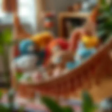 Organized Plush Toys in Bohemian Style Colorful stuffed animals neatly organized in a boho hammock