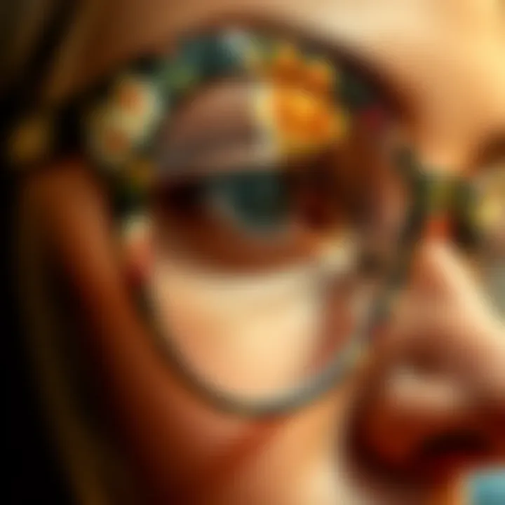 Detailing the Unique Floral Design of Cat Eye Glasses Close-up of intricate floral patterns on cat eye glasses