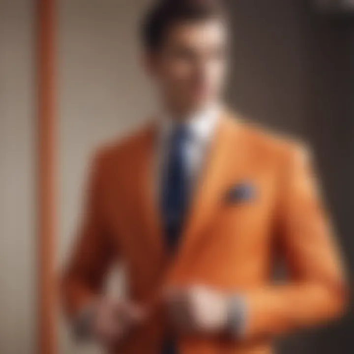 An elegantly tailored color block suit on display in a contemporary fashion setting