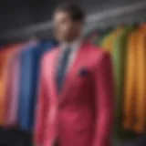 A vibrant color block suit displayed on a mannequin showcasing modern fashion trends