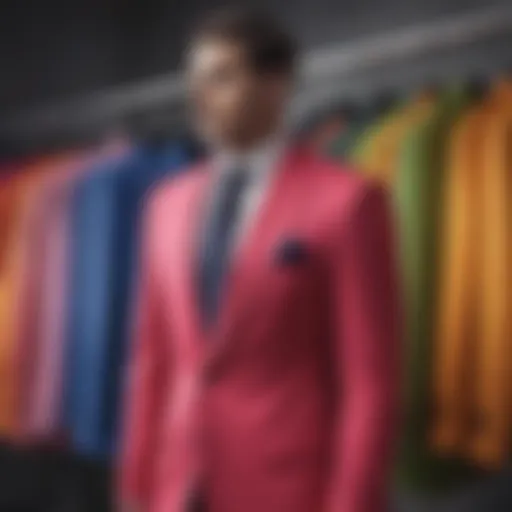 A vibrant color block suit displayed on a mannequin showcasing modern fashion trends
