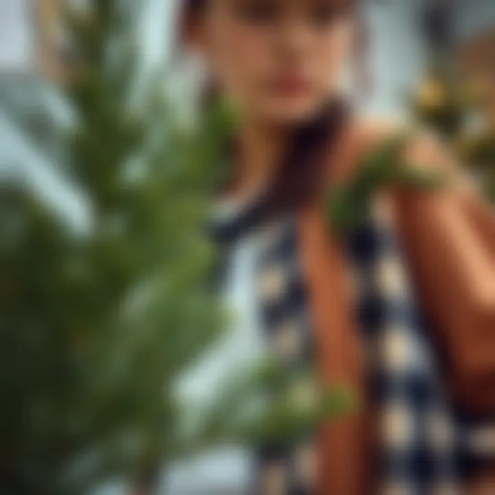 Close-up of faux pine accents enhancing a laid-back ensemble