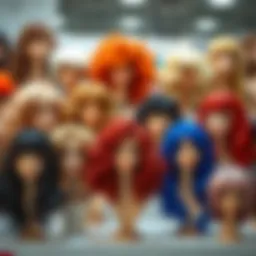 A variety of faux wigs in different styles and colors displayed elegantly