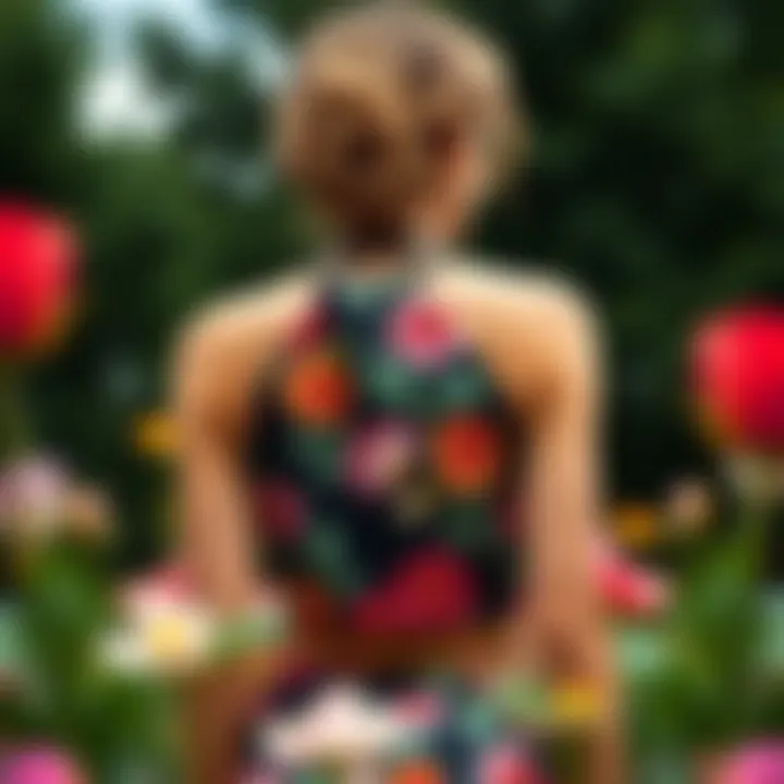 Vibrant floral pattern on a backless halter crop top