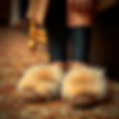 Stylish Pairing of Fox Fur Slippers Stylish fox fur slippers paired with elegant attire