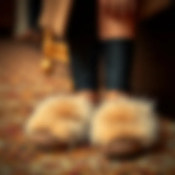 Stylish Pairing of Fox Fur Slippers Stylish fox fur slippers paired with elegant attire
