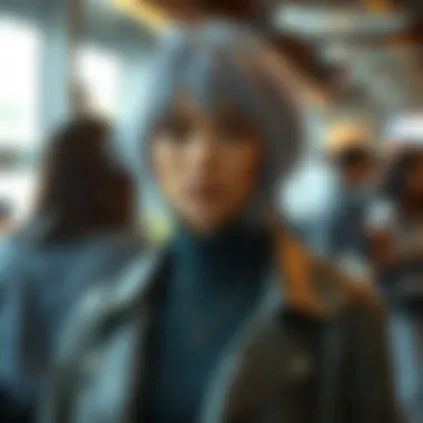A fashionable individual confidently wearing a greyish blue wig in a social setting