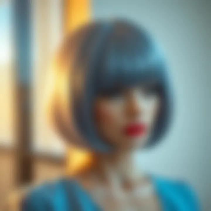 A stunning greyish blue wig styled elegantly