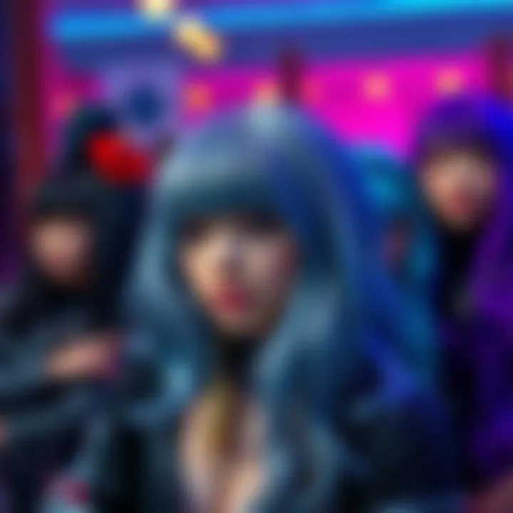 A vibrant scene showcasing various styling options for greyish blue wigs