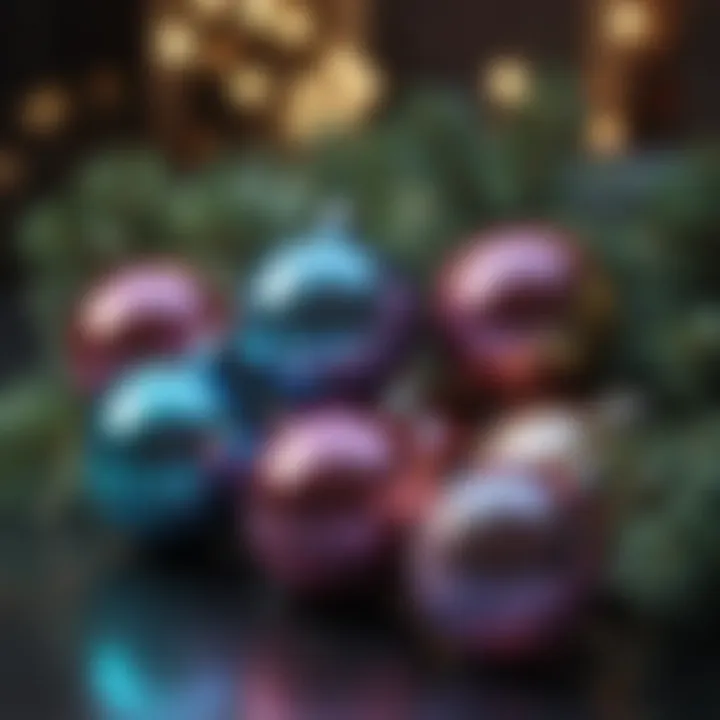 An arrangement of iridescent Christmas balls in a festive setting