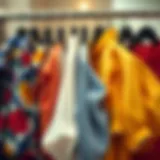 A collection of vibrant blouses displayed on hangers showcasing different fabrics and styles.