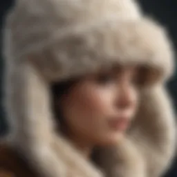 A close-up view of a sherpa hat with ear flaps showcasing its fabric texture