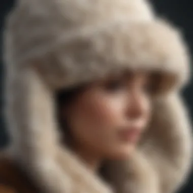 A close-up view of a sherpa hat with ear flaps showcasing its fabric texture