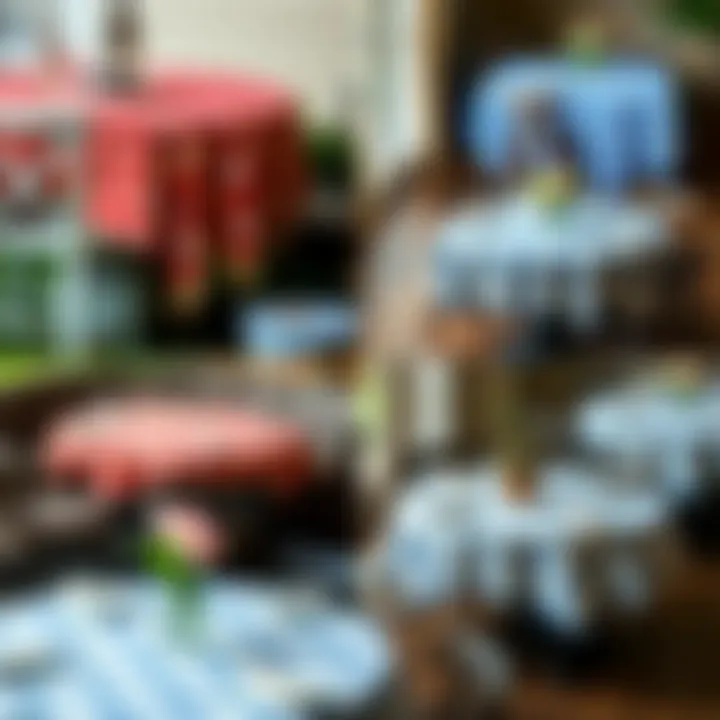 A collage of different round gingham tablecloths used in various settings, from casual picnics to formal gatherings