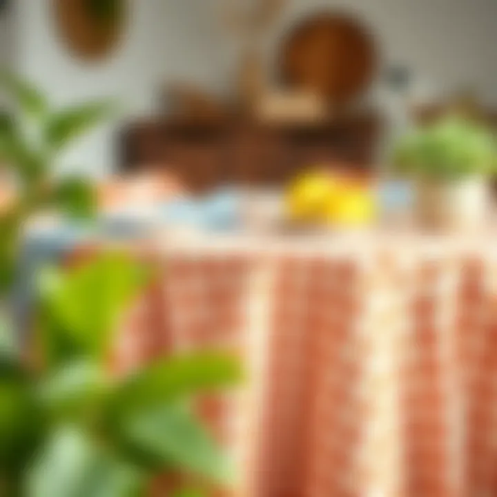 An eco-friendly round gingham tablecloth displayed with care instructions and sustainability information