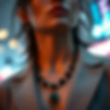 A stylish individual wearing a black gemstone necklace in a contemporary outfit, illustrating modern fashion trends.