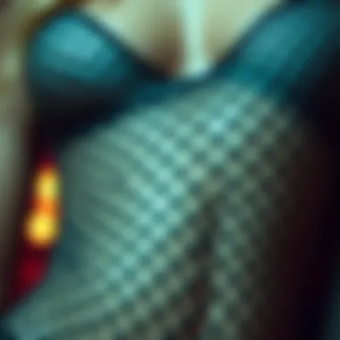 Close-up of intricate fishnet fabric details highlighting design elements.