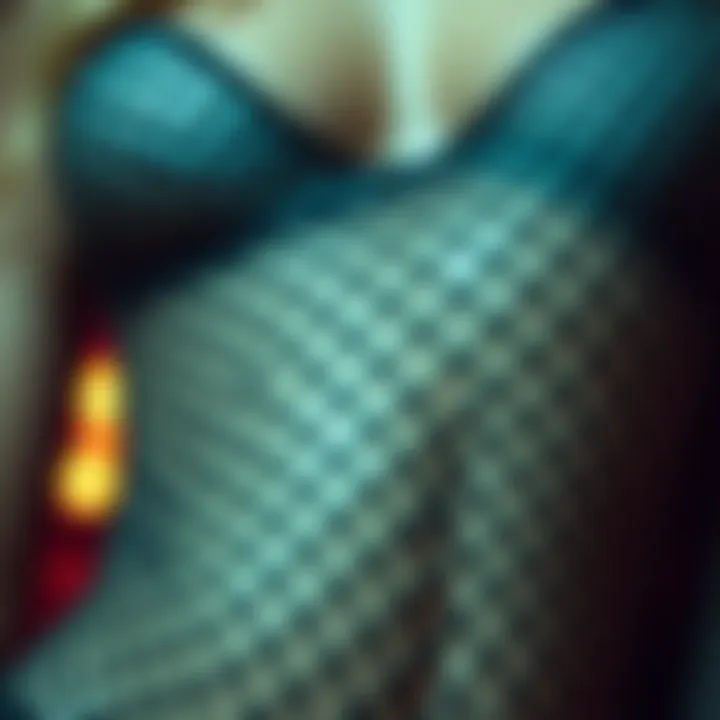 Close-up of intricate fishnet fabric details highlighting design elements.