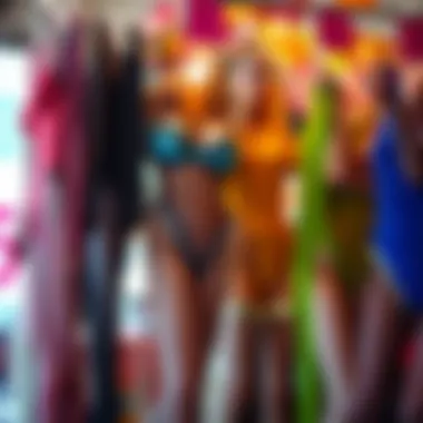 A collection of colorful fishnet bodysuits hung in a creative display.