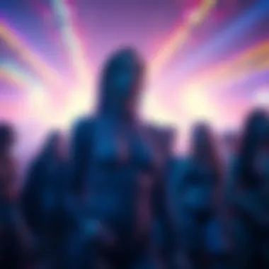 Participants dressed in fishnet bodysuits enjoying a rave under neon lights.