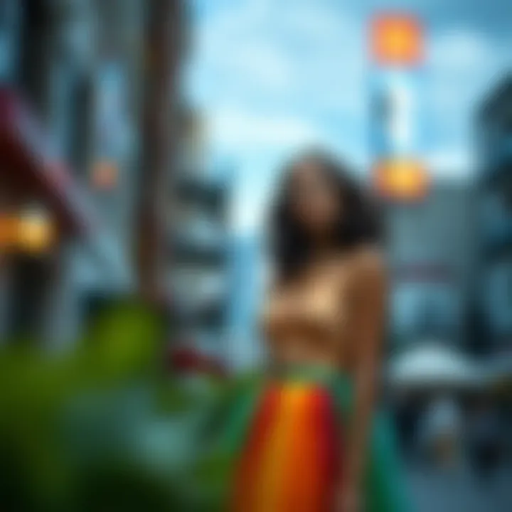 Contemporary Styling with Rainbow Princess Dresses A stylish individual wearing a rainbow princess dress in a contemporary urban setting.