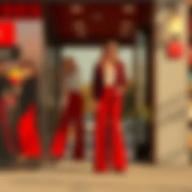 Seasonal fashion illustration showcasing red wide leg pants in various settings