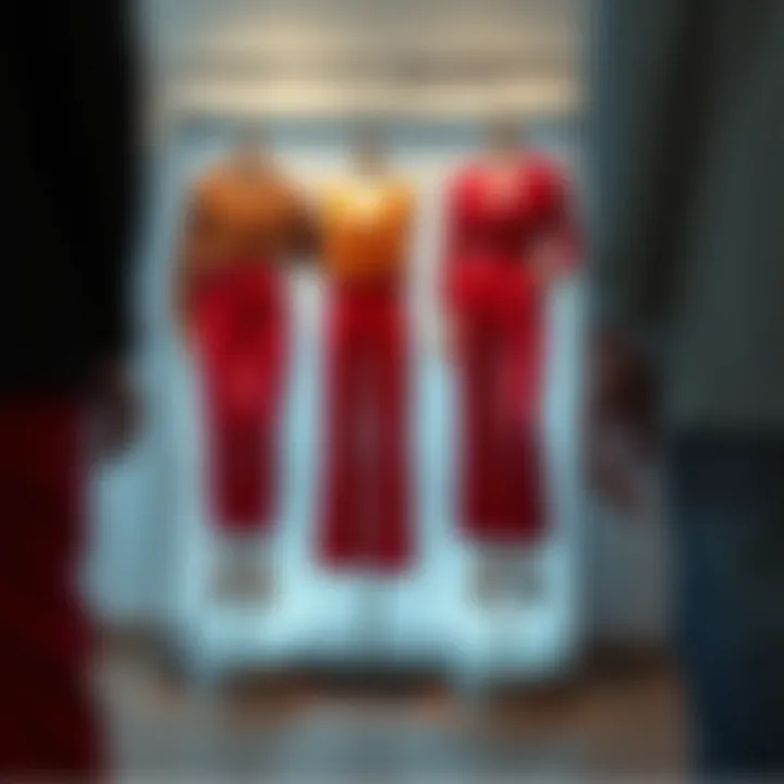 Diverse styling options for red wide leg pants displayed on a mannequin