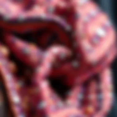 Craftsmanship and Color: Close-Up of Sparkly Scarf A close-up of a sparkly scarf with intricate detailing, highlighting the craftsmanship and vibrant colors.