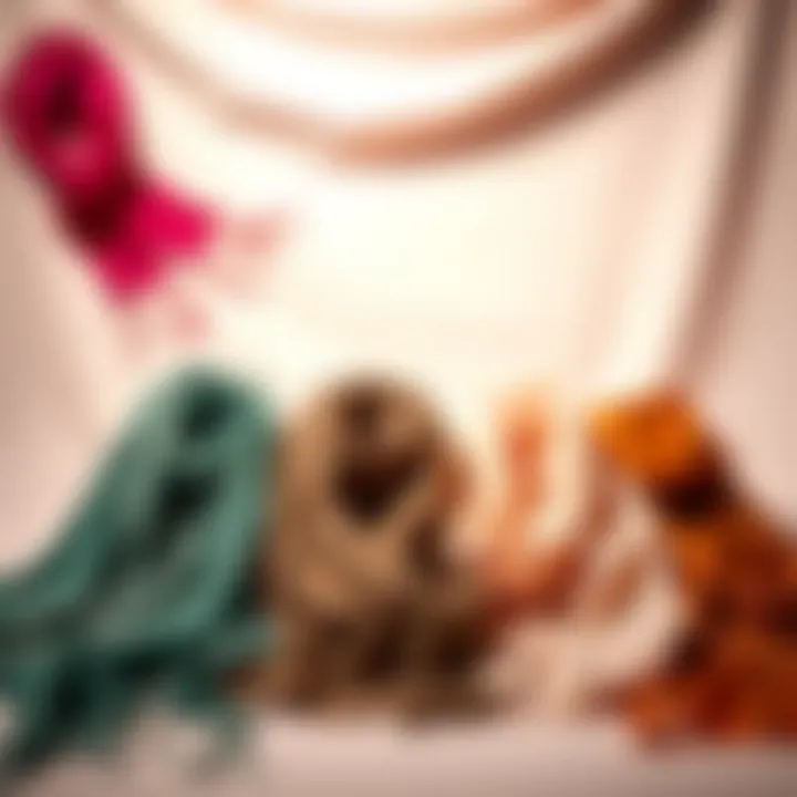 Versatility on Display: Sparkly Scarves Arrangement A stylish arrangement of various sparkly scarves displayed on a soft fabric backdrop, demonstrating versatility.