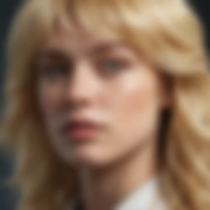 Close-up of the texture and layers of a blonde mullet wig