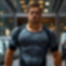 Stylish male chest compression garment showcased in a modern urban setting