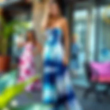 Styling options for a tie dye strapless maxi dress in various settings